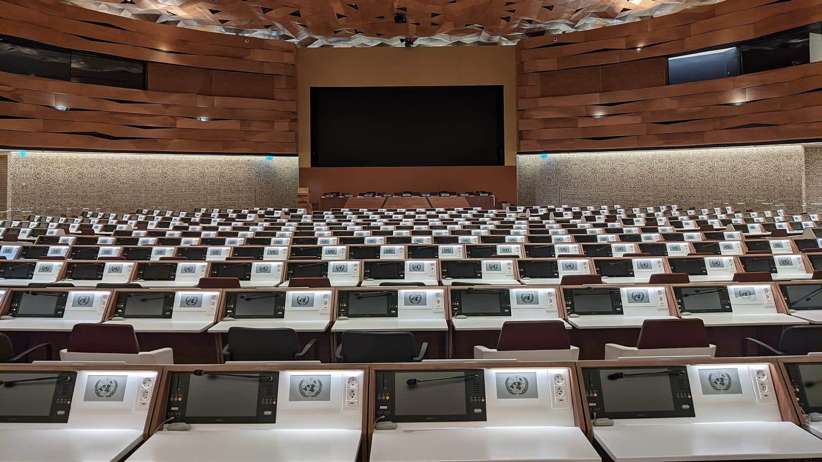 high-level diplomatic meeting room with flags (file image)