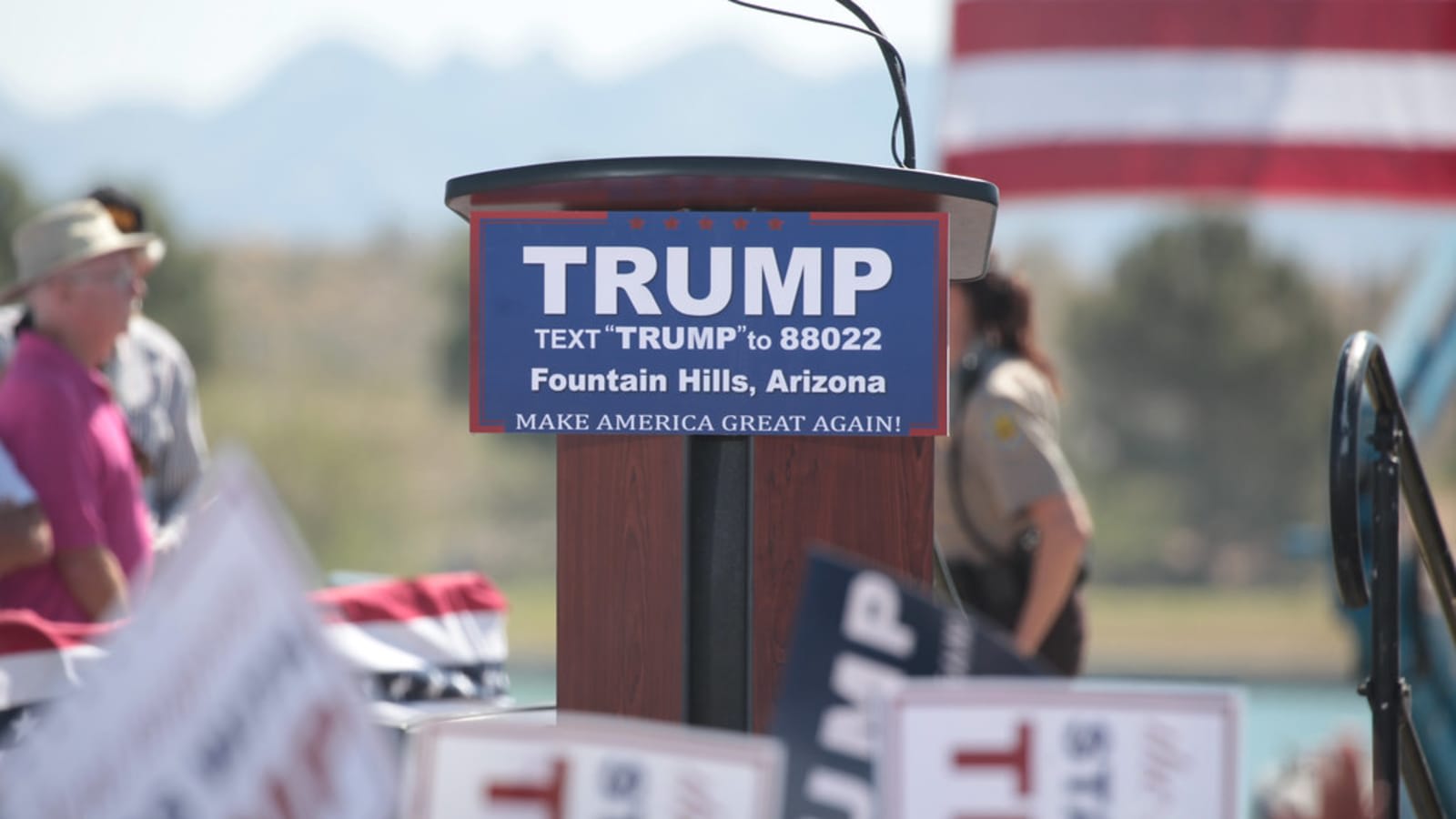 campaign podium setup inside an arena during a political rally (file image)