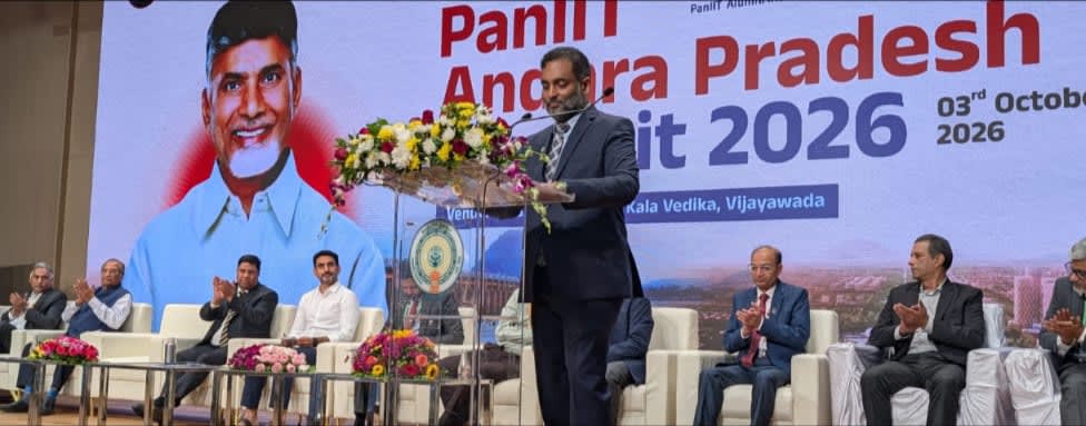 PanIIT Summit Chair Sri Swadeep Pillarisetti addressing the PanIIT Vijaywada Summit, in presence of Sri Lokesh Nara, Hon'ble Minister of ITE&C