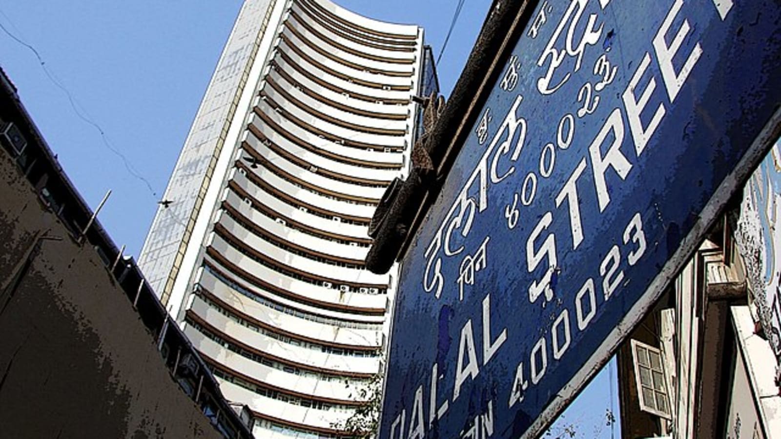 Dalal Street sign with BSE building, Mumbai
