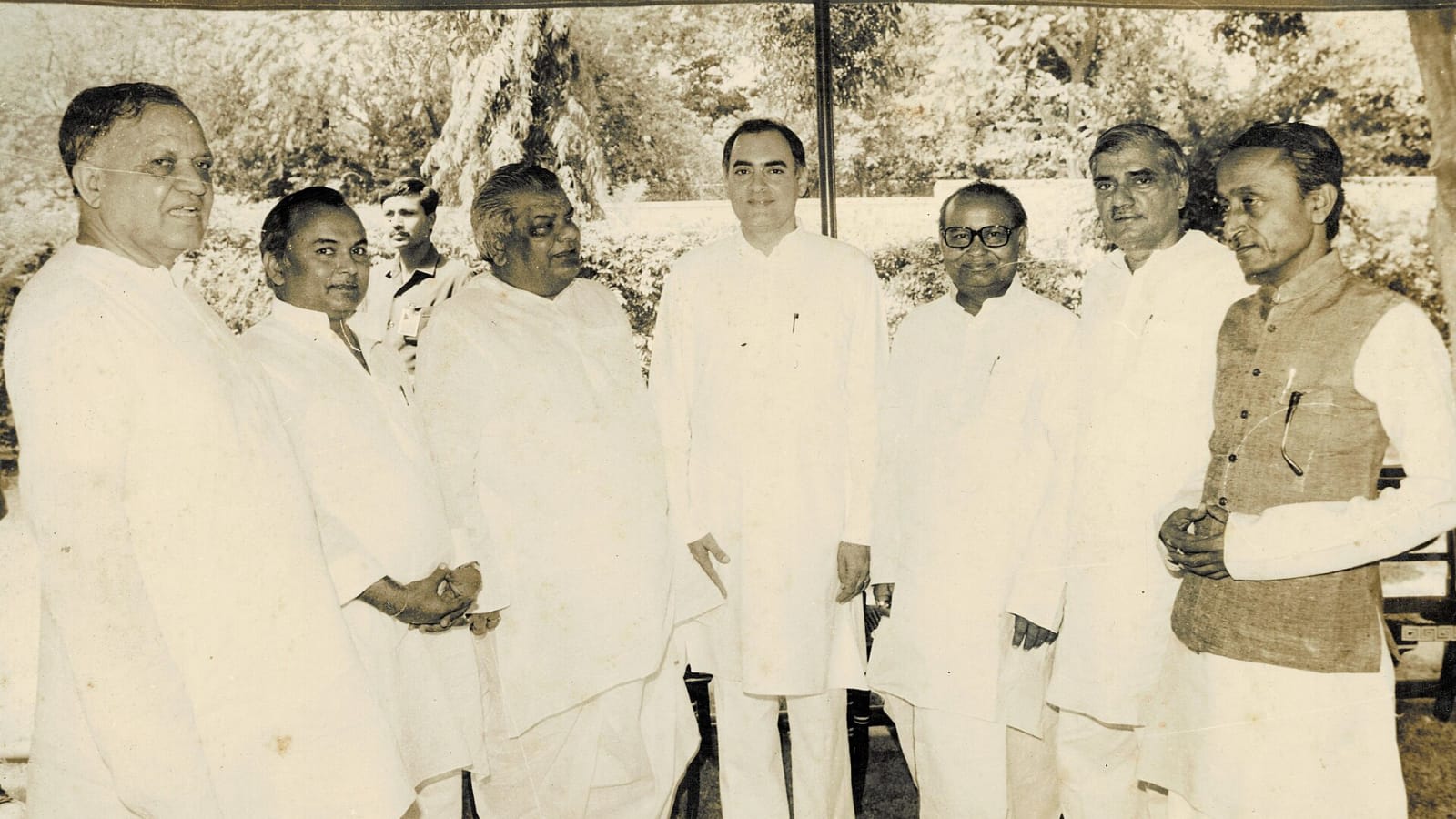 Sonia Gandhi’s husband Rajiv Gandhi with associates in India, 1980s