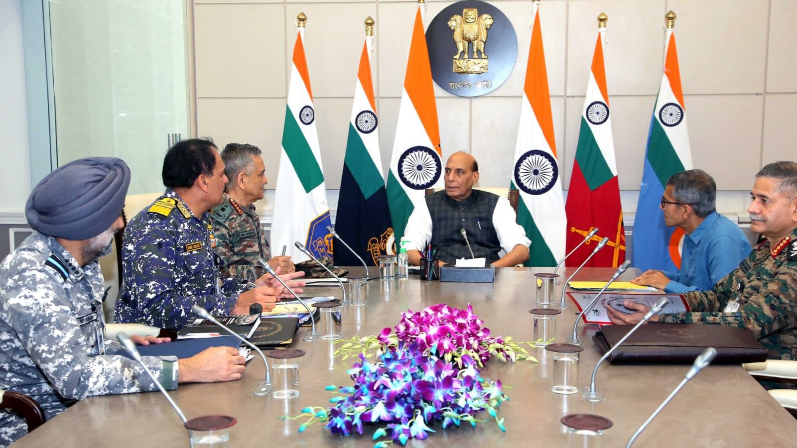 Defence Minister Rajnath Singh during a high-level review meeting, attended by Defence Secretary Rajesh Kumar Singh and service chiefs. (File image)