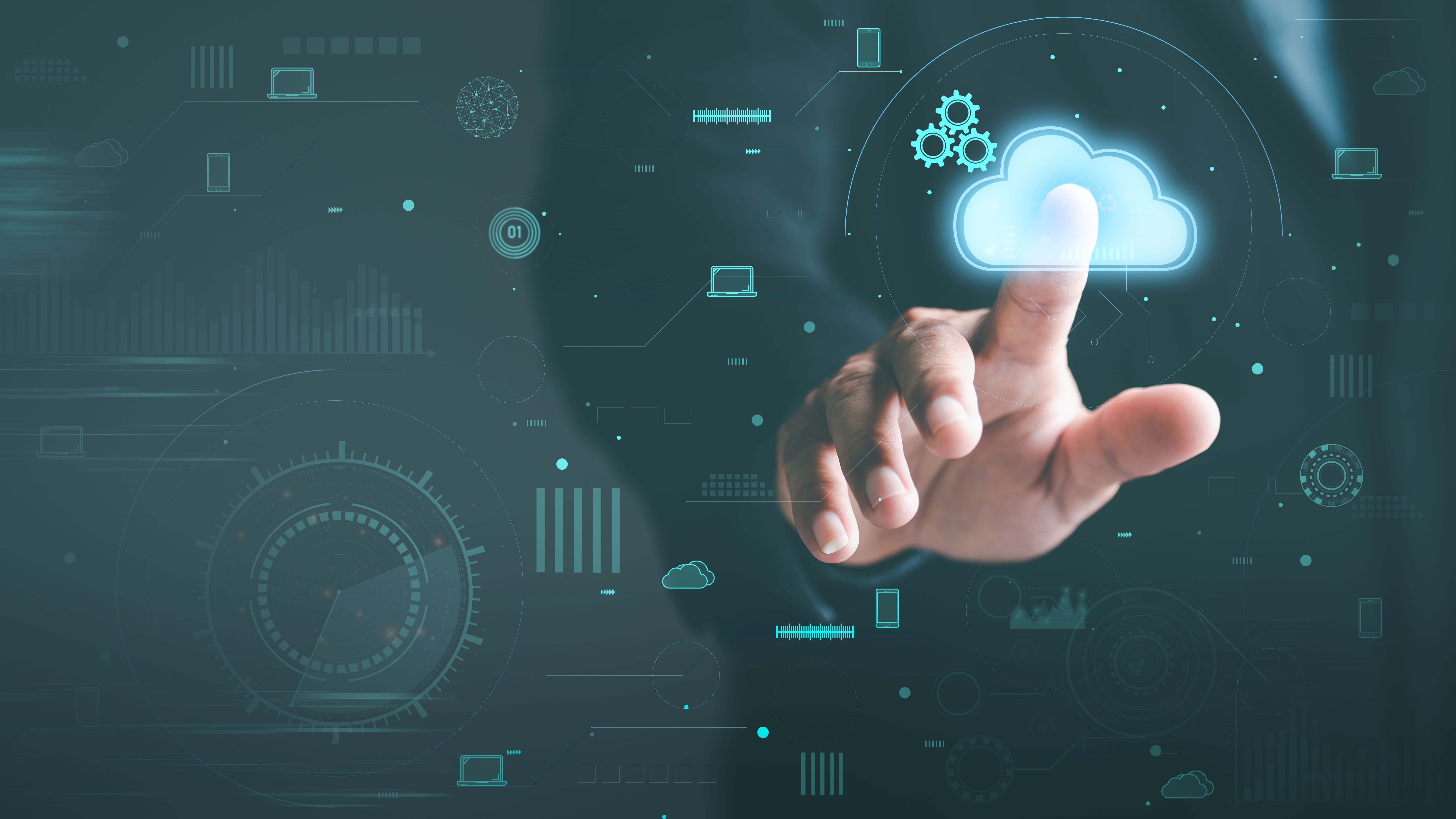 A young businessman uses cloud networking technology