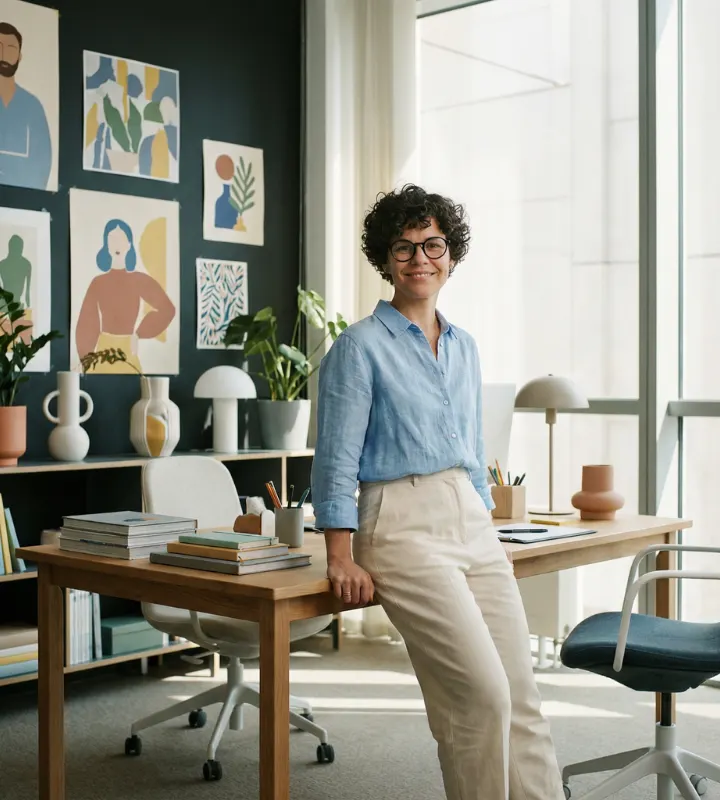 Une femme s'appuie sur son bureau en étant debout