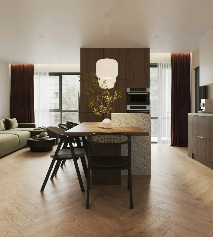 Vue d'une cuisine ouverte et d'un salon moderne