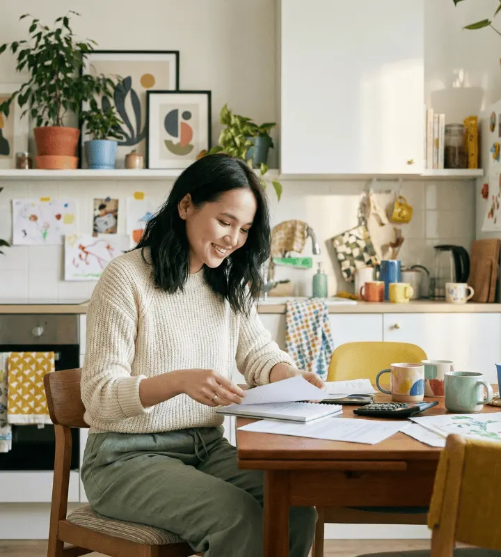 Jeune femme dans son appartement neuf en train de lire des documents
