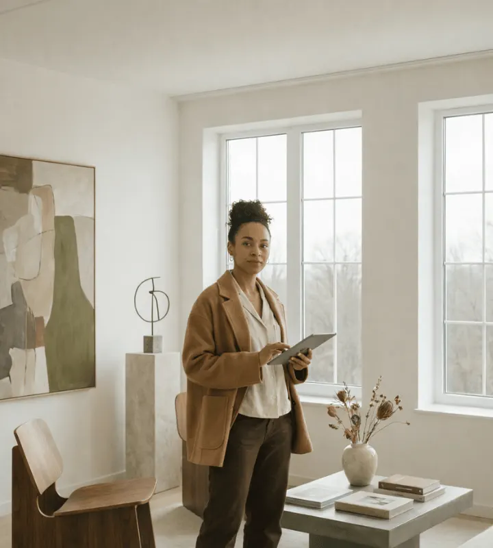 Une femme debout en tenant une tablette