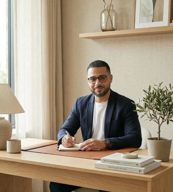 Un homme assis en tenant un stylo dans ses mains