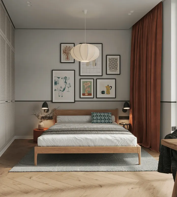 Chambre contemporaine avec parquet et éclairage basse consommation.