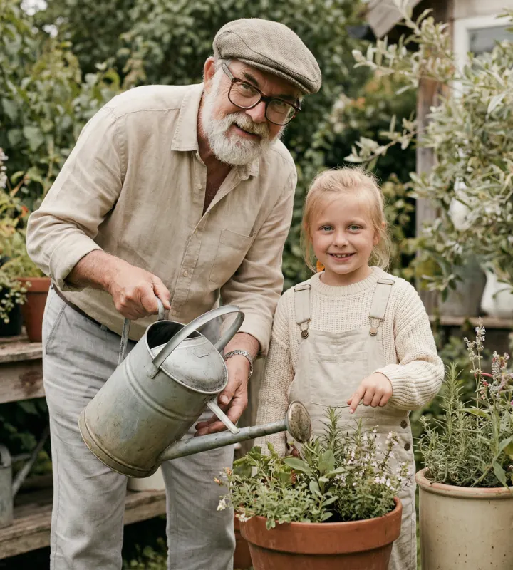 Grand-père qui jardine avec sa petite-fille