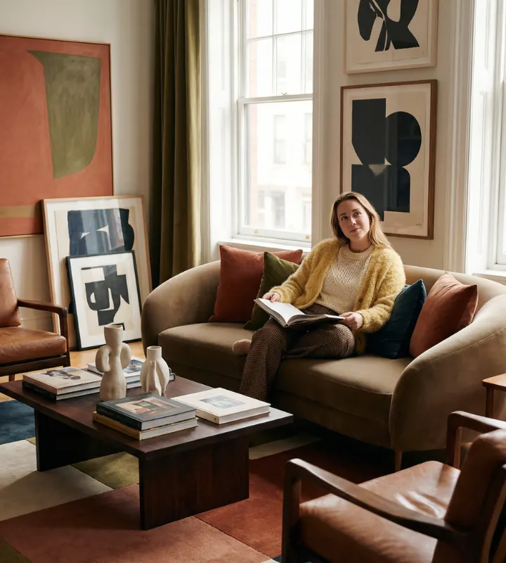 Une jeune femme assise sur un canapé