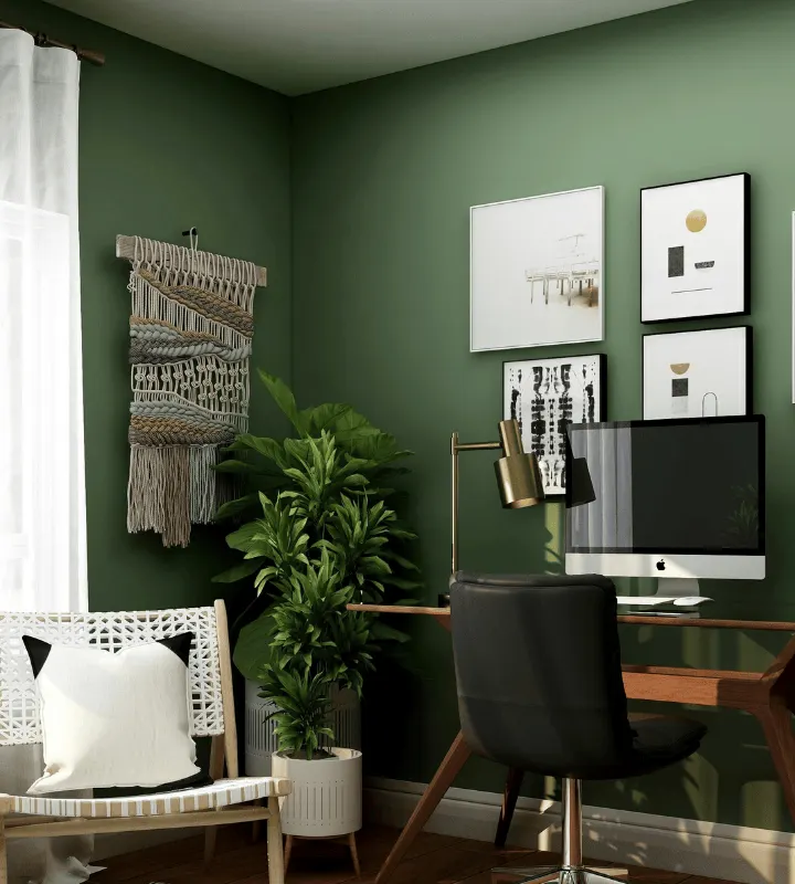 Un bureau avec des murs vert. Des plantes et un fauteuil pour un espace de travail. 