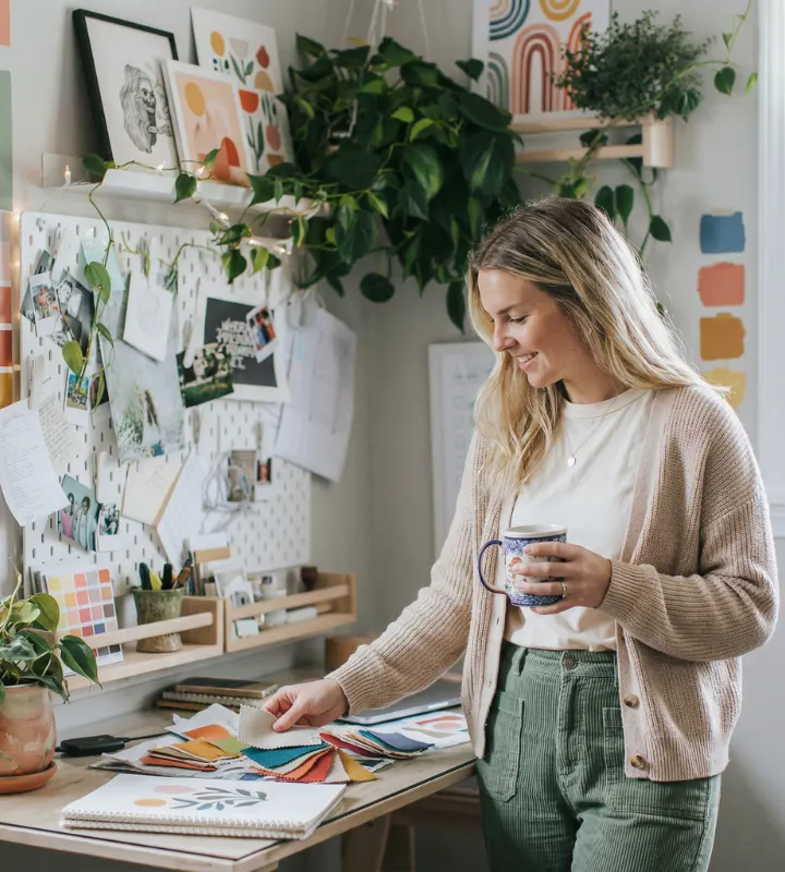 Une femme debout regardant une palette de couleurs