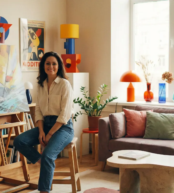 Femme assise devant une toile de peinture