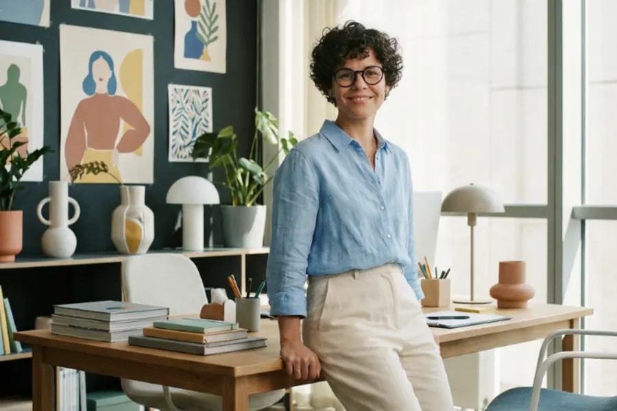 Une femme s'appuie sur son bureau en étant debout