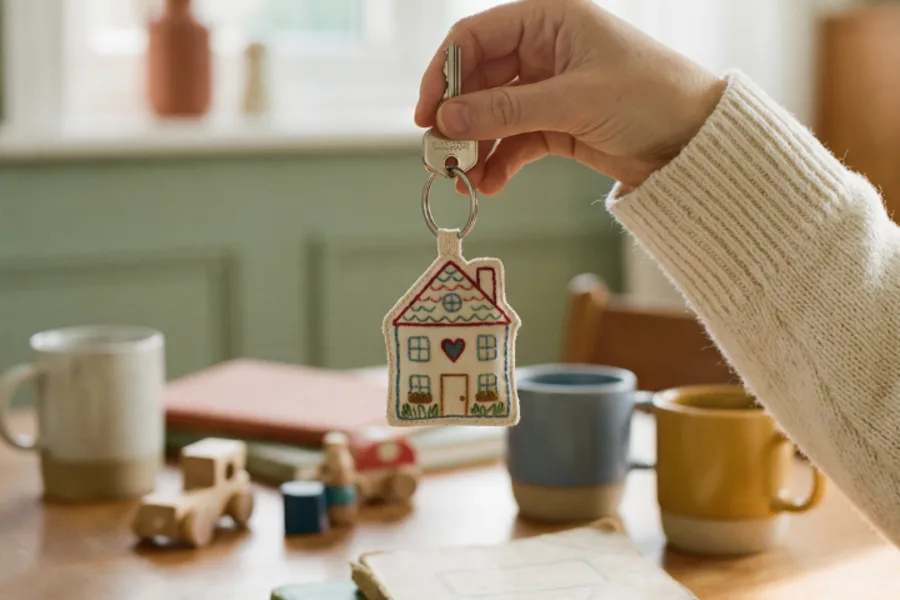 Une personne tient un porte clé en forme de maison dans sa main