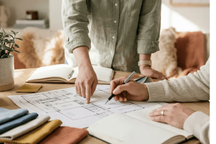 Une personne montre du doigt un plan immobilier.