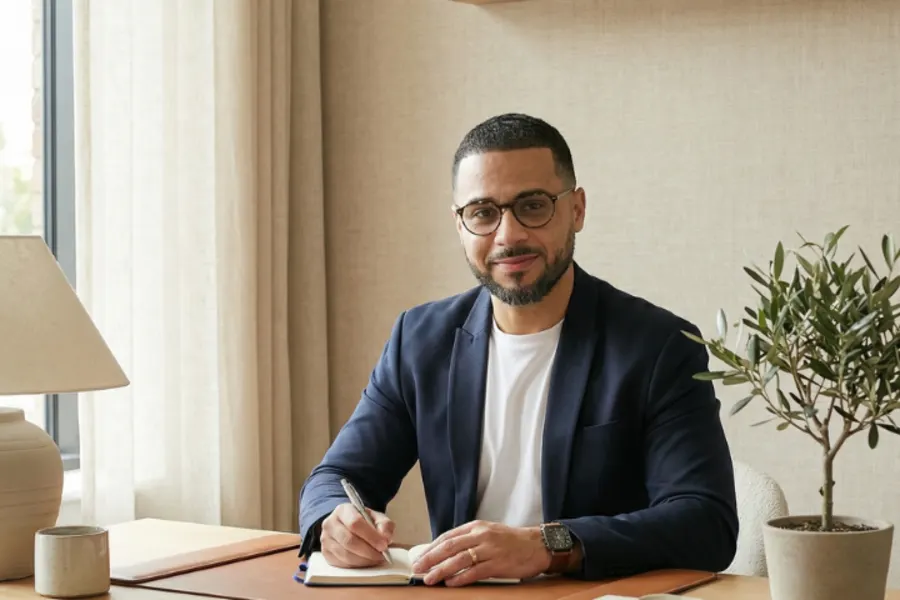 Un homme assis en tenant un stylo dans ses mains