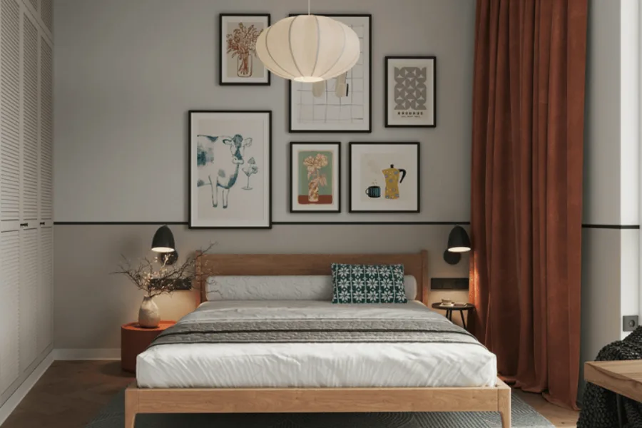 Chambre contemporaine avec parquet et éclairage basse consommation.