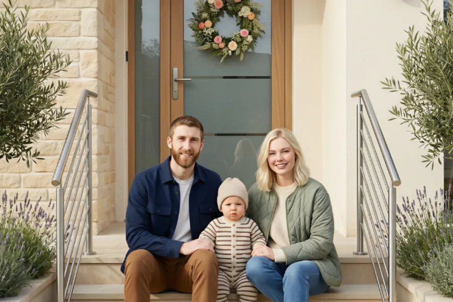 Une famille devant la porte d'une maison neuve.