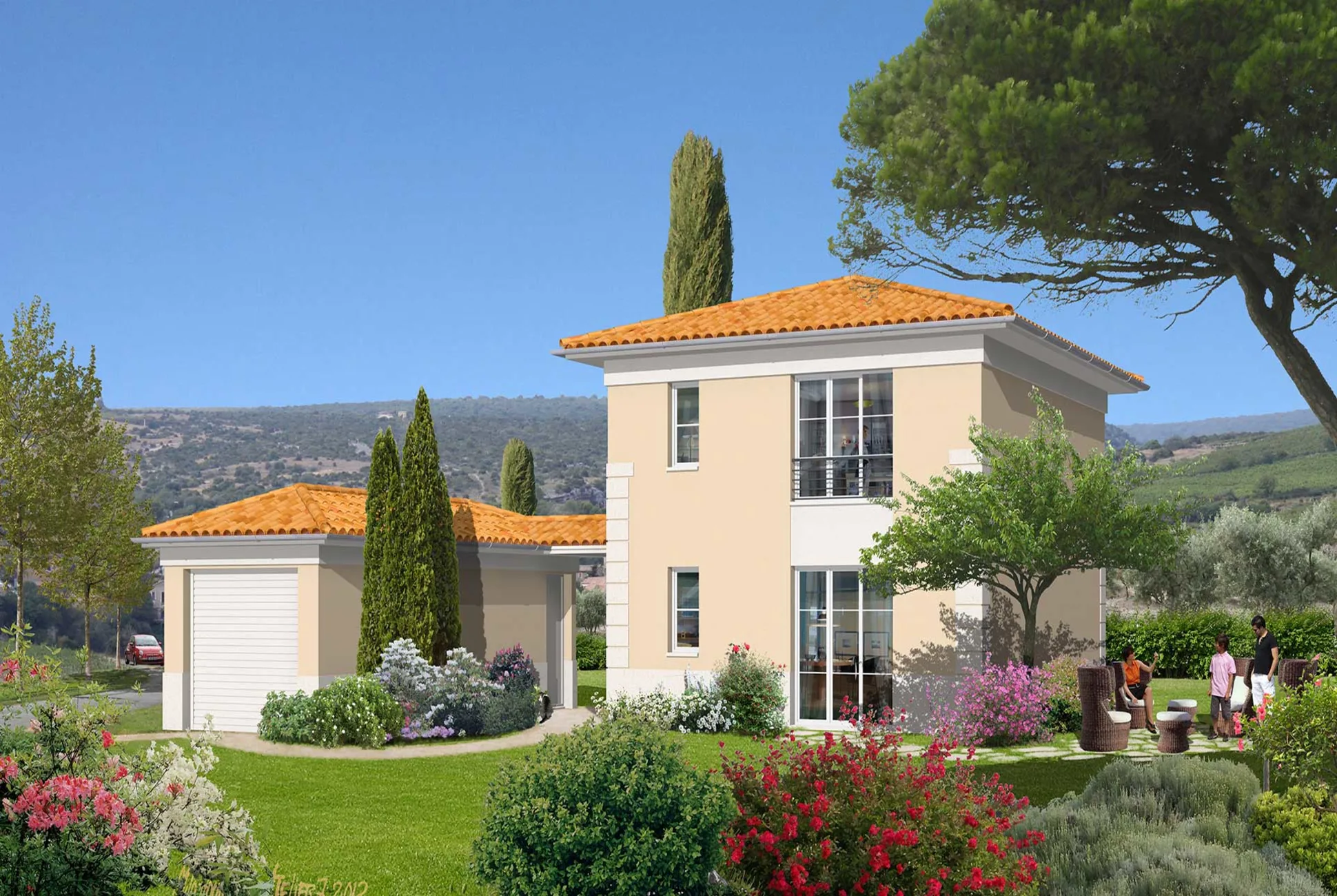 Perspective extérieure de la façade du modèle de maison Cléa, de Kaufman & Broad, pour le Sud de la France