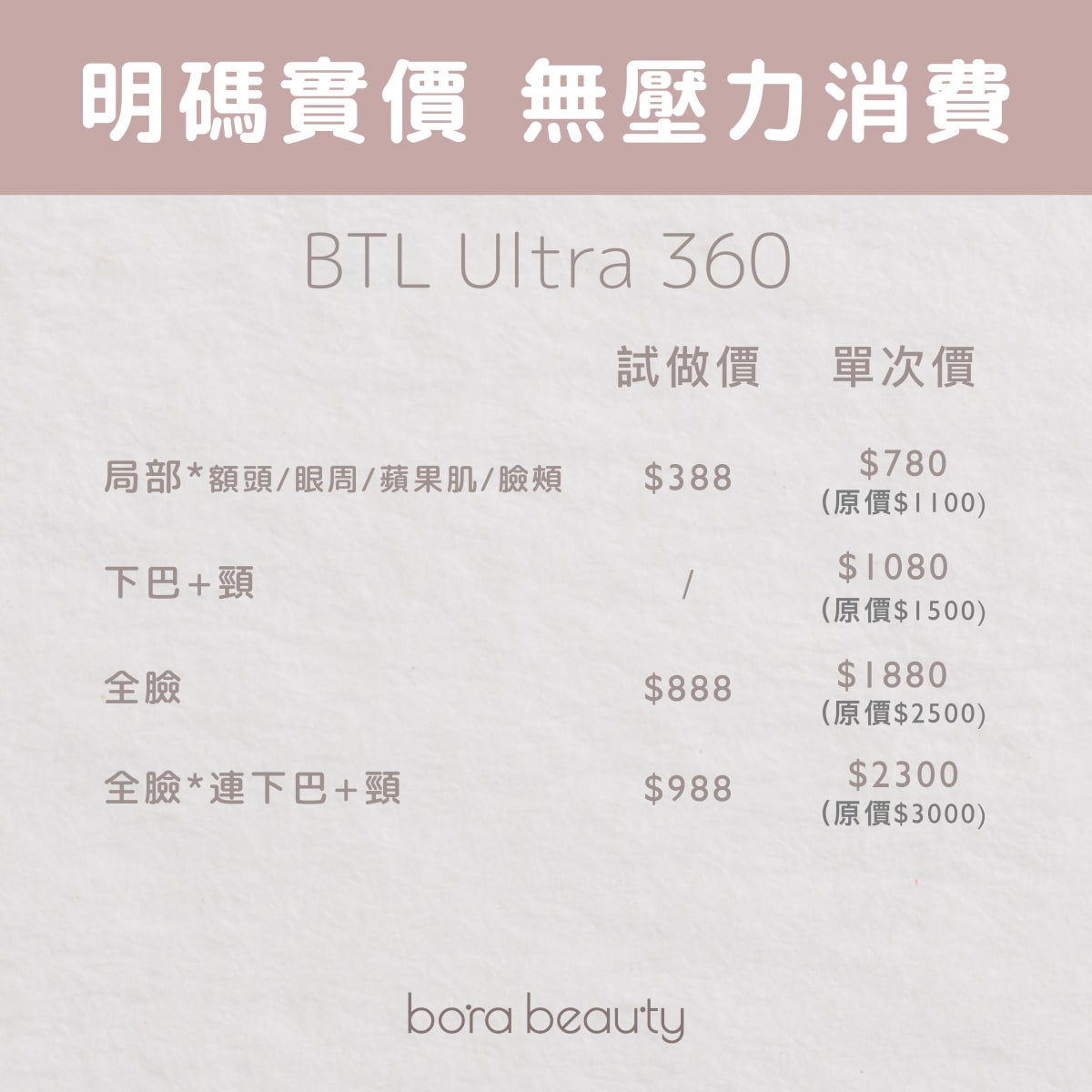 BTL Ultra 360單次收費及試做價