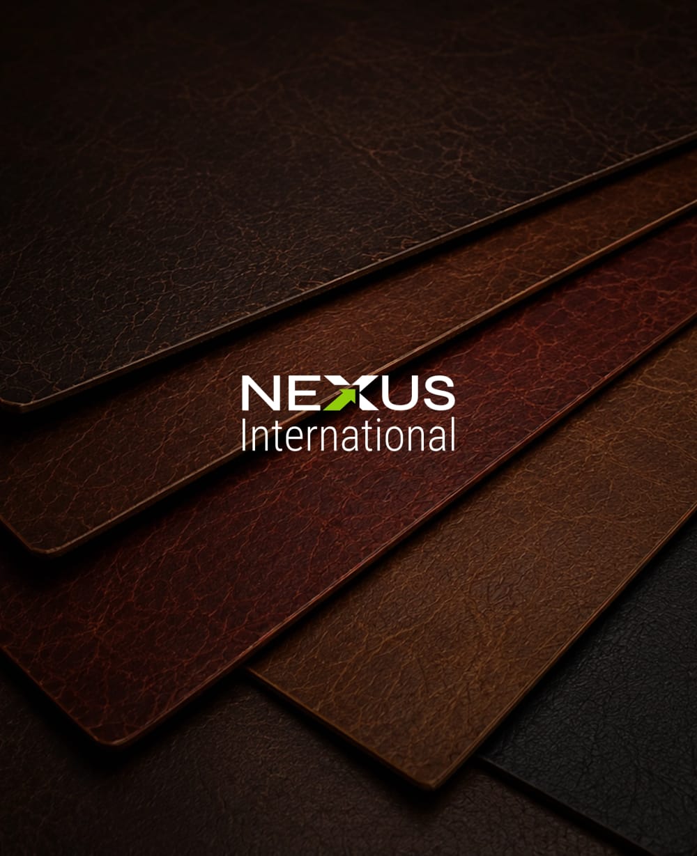 Nexus International logo over layered leather swatches