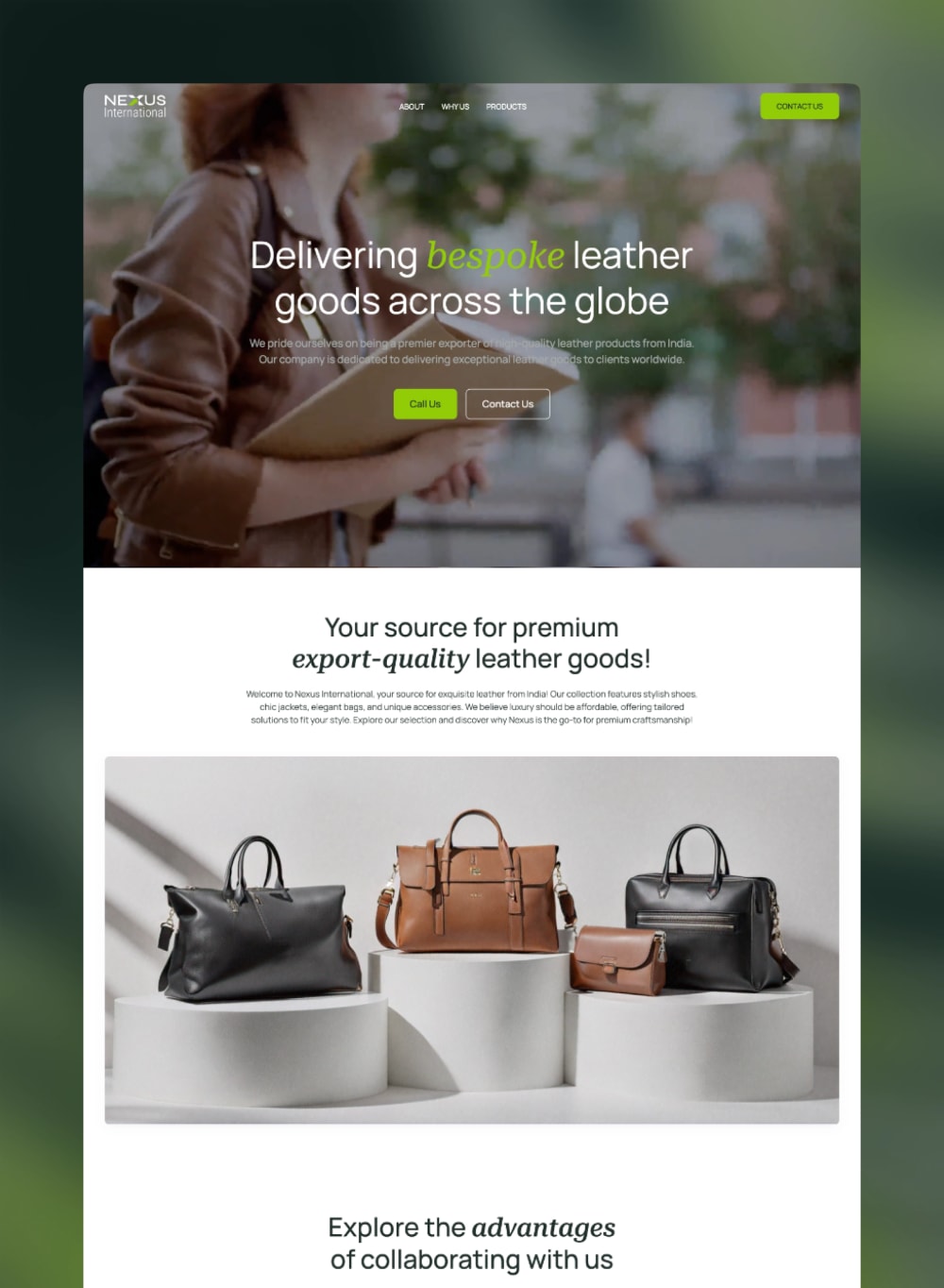 Nexus International full website design, with the leather-goods catalogue