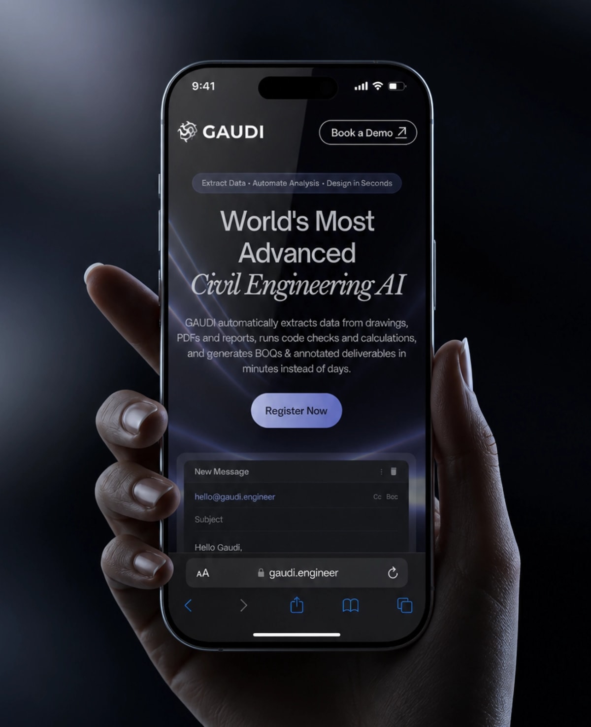Gaudi Engineer landing page shown on a phone
