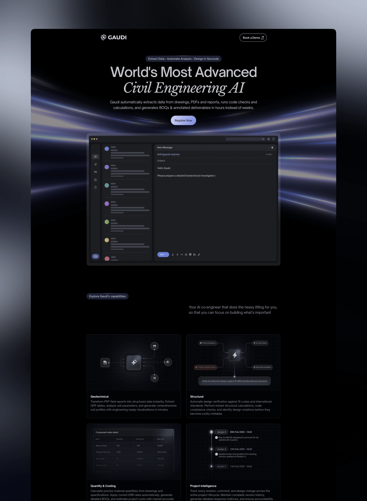 Gaudi Engineer Framer landing page, hero to feature sections