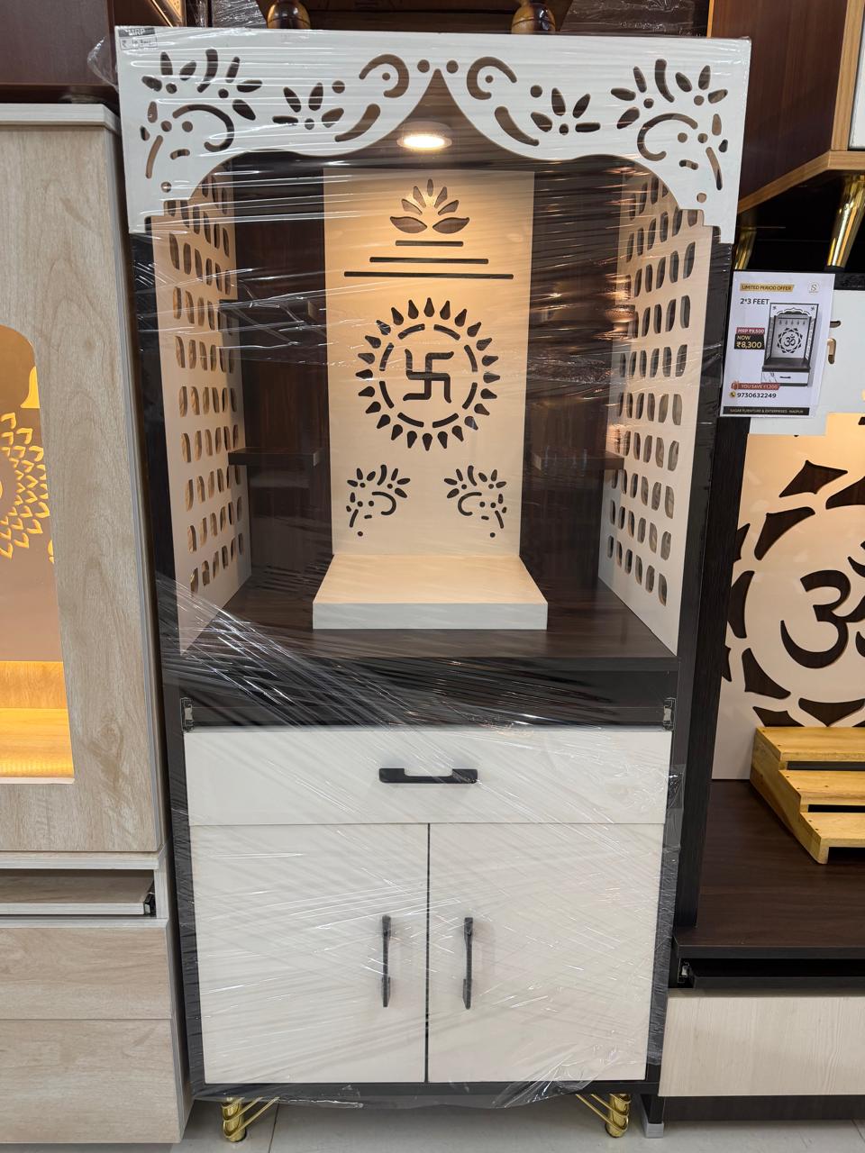 White CNC mandir with swastik jaali and storage