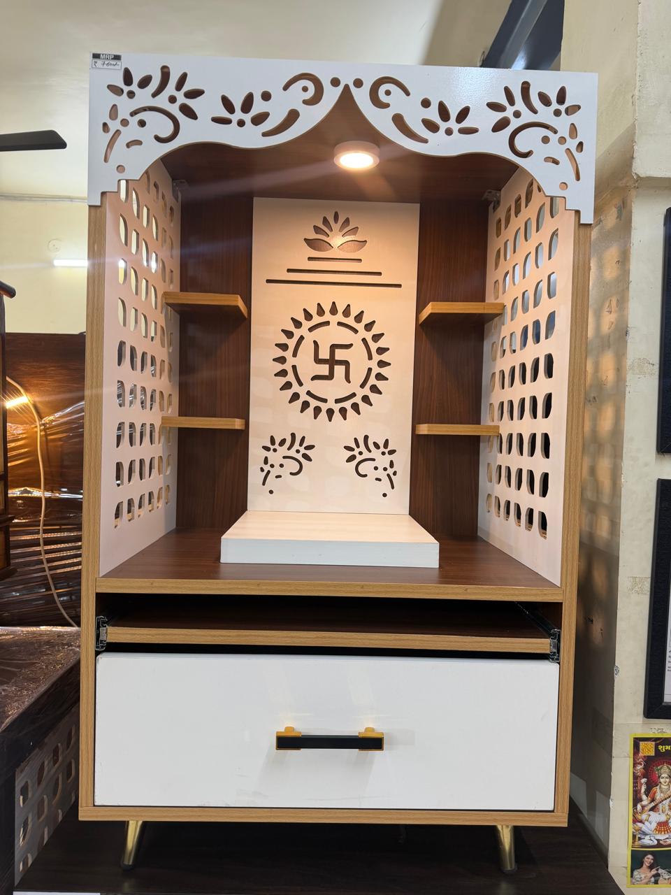 White CNC mandir with swastik panel and drawer