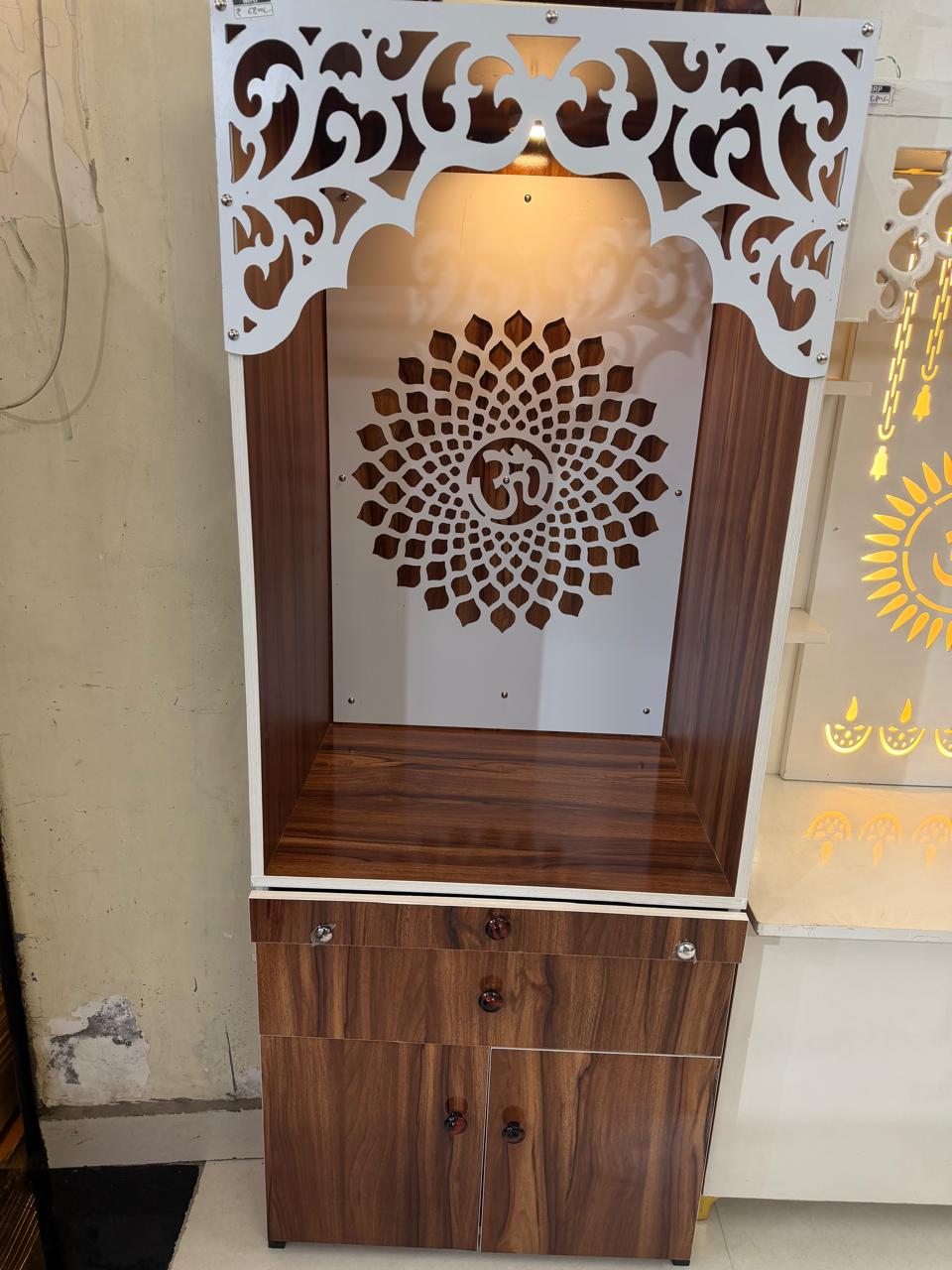 Wooden mandir with Om mandala panel