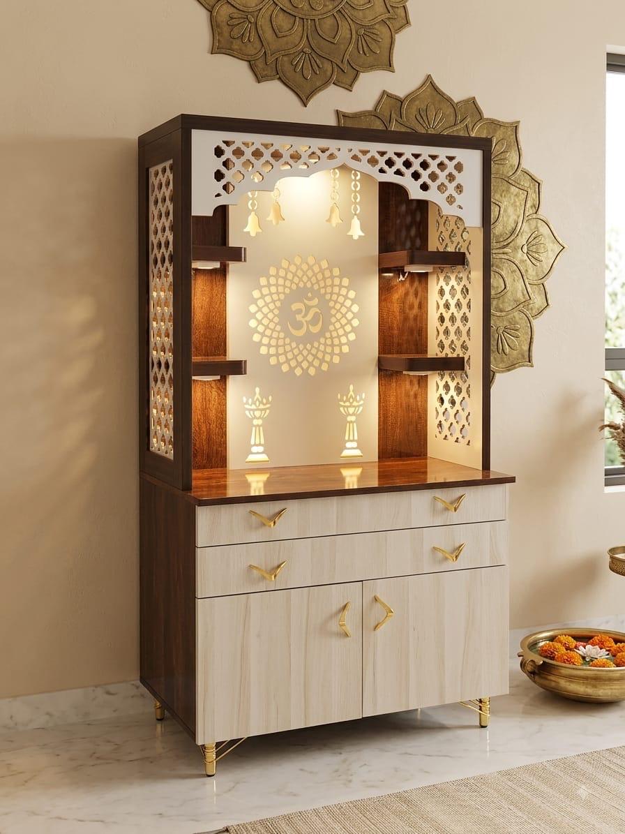 Teak mandir with Om panel, drawers and cabinets