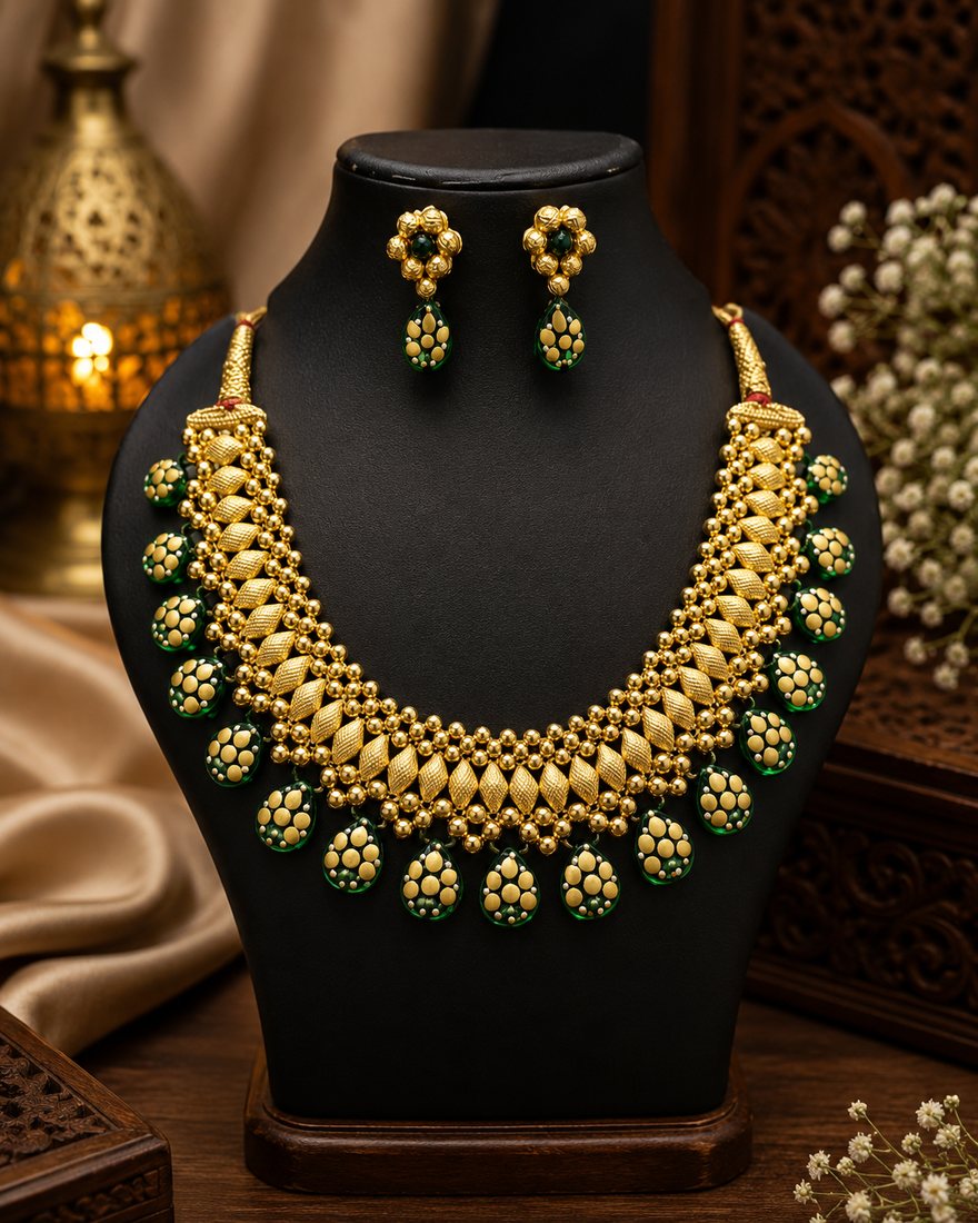 Gold Badam Patti Green Mala