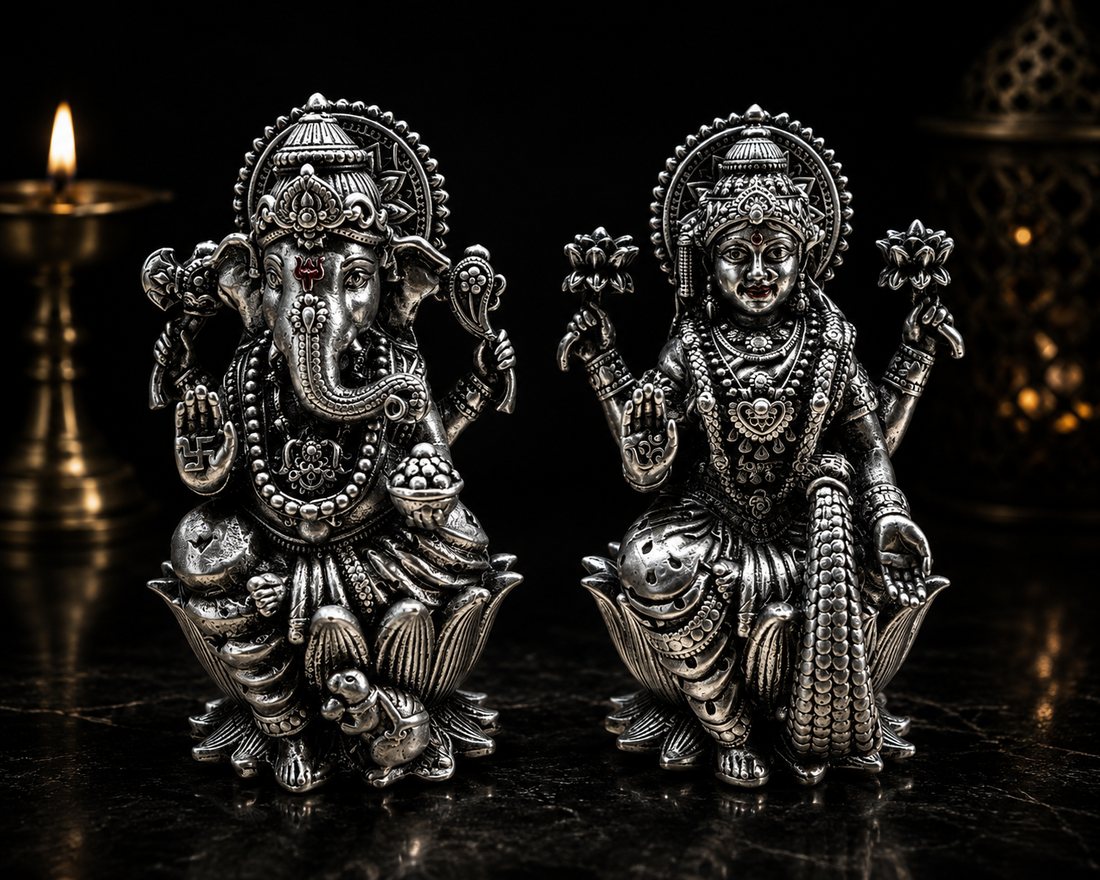 Silver Antique Paysod Kamal Ganesh Lakshmi Paper Casting