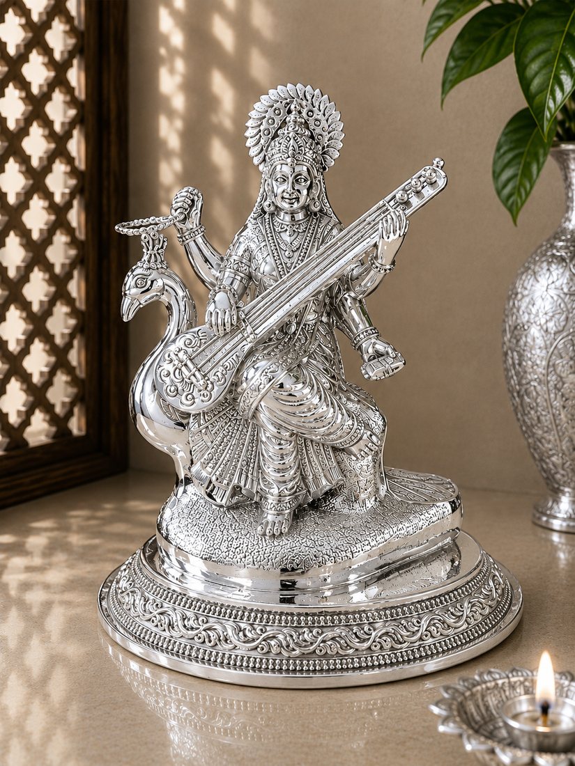 Handcrafted Silver Saraswati Murti