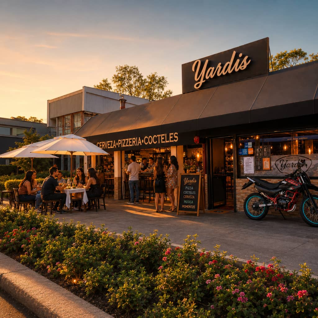 Terraza de Yardis al atardecer — letrero, mesas y ambiente