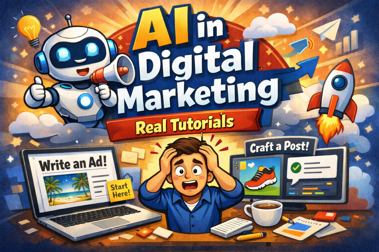 A practical, mildly funny guide to using AI in digital marketing — complete with real tutorials so you actually know what to do on Monday morning.