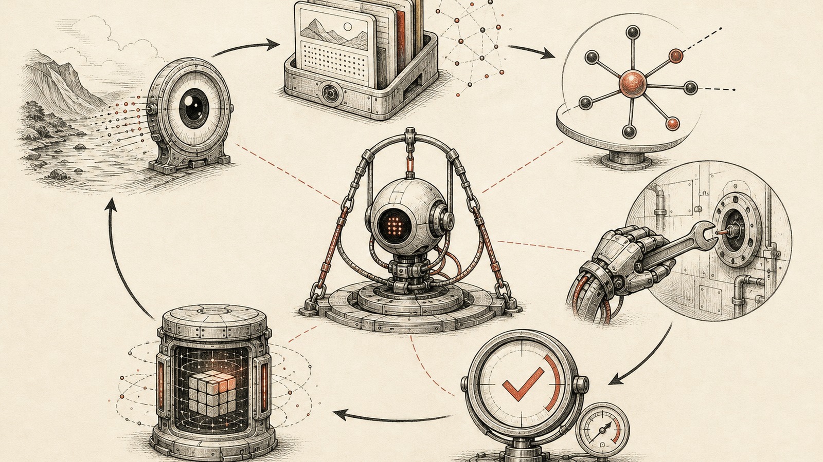 An abstract control-loop illustration of an AI agent observing, acting, verifying, and retaining context.