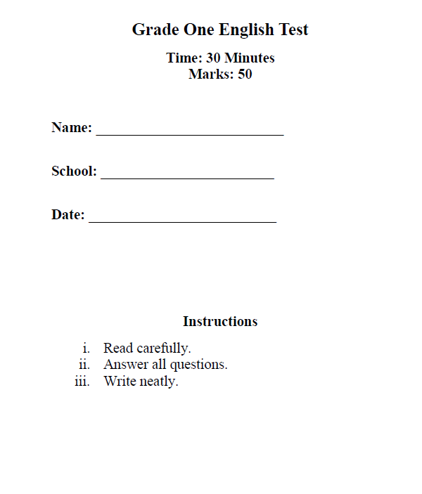 Grade One English Test