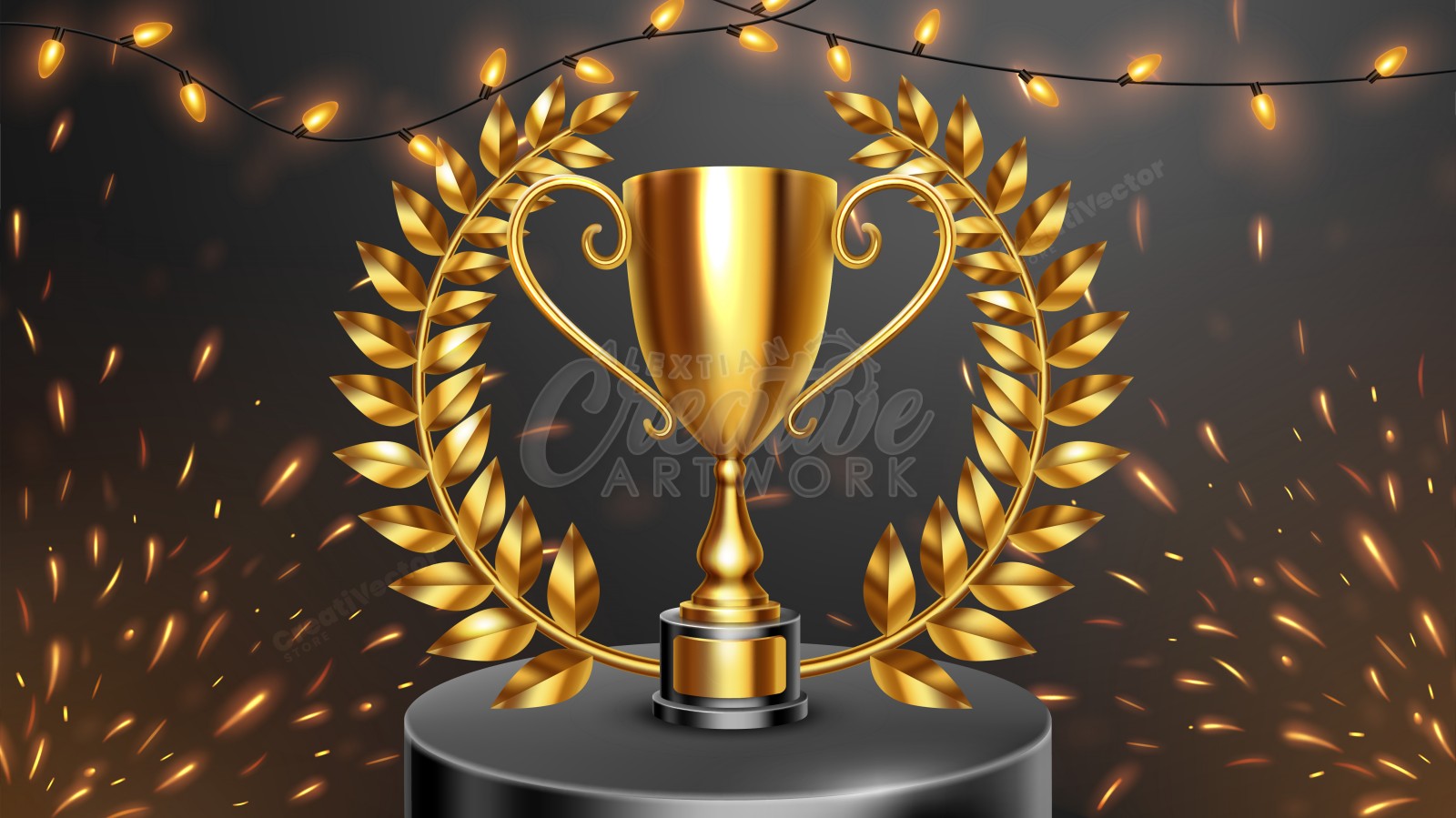 Realistic Golden Trophy with Gold Laurel Wreath, Fire Sparks and Garland, Vector Illustration