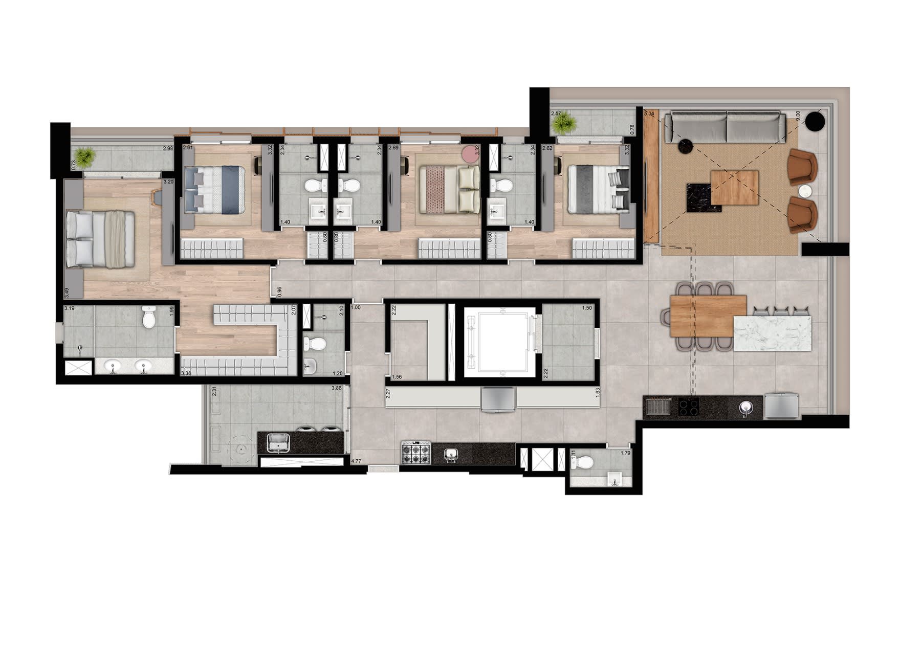 Planta 4 Suítes — 206 m²