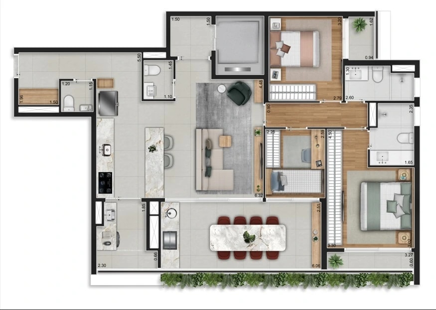 Planta 3 suítes · Sala Ampliada — 123 m²