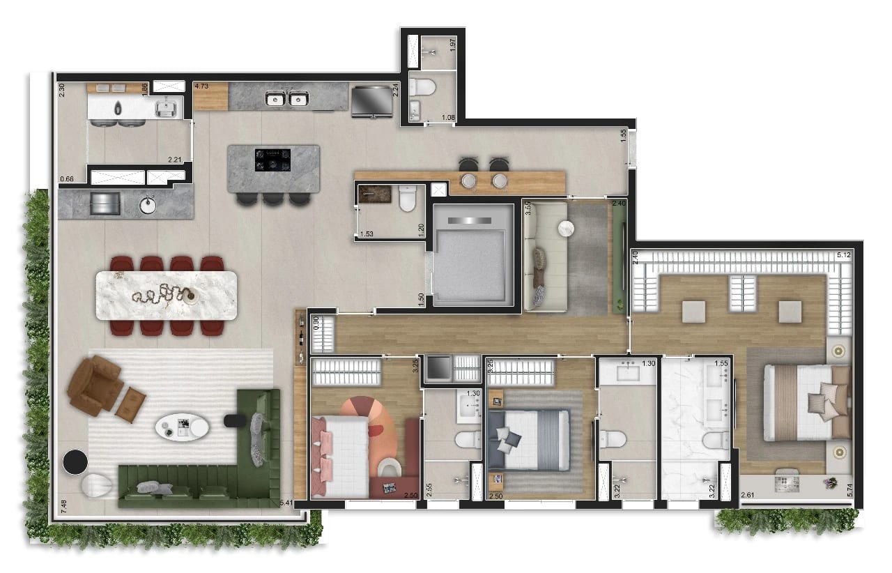 Planta 3 suítes · Decorado — 167 m²