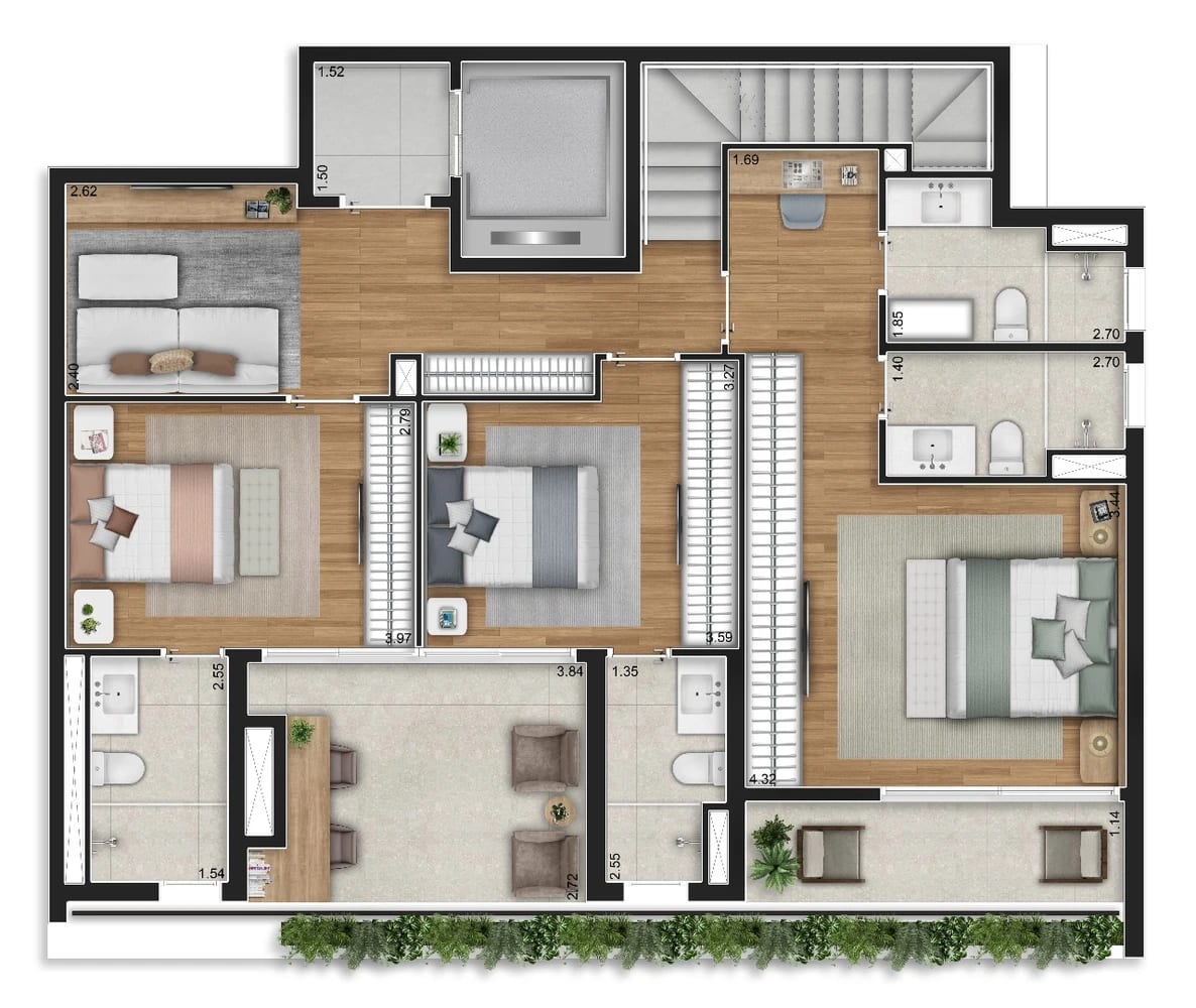 Planta 3 suítes · Duplex (Pav. Inferior) — 245 m²