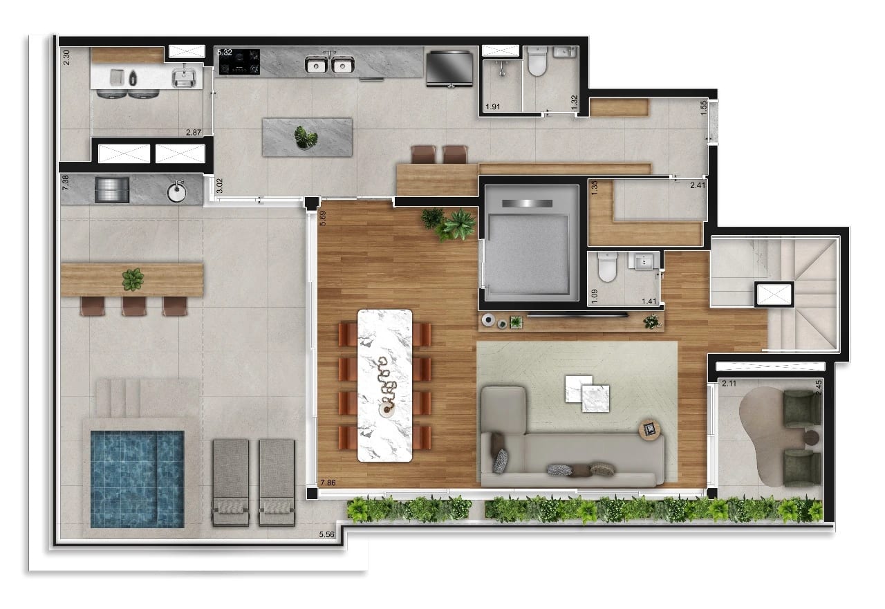 Planta 4 suítes · Duplex (Pav. Superior) — 305 m²