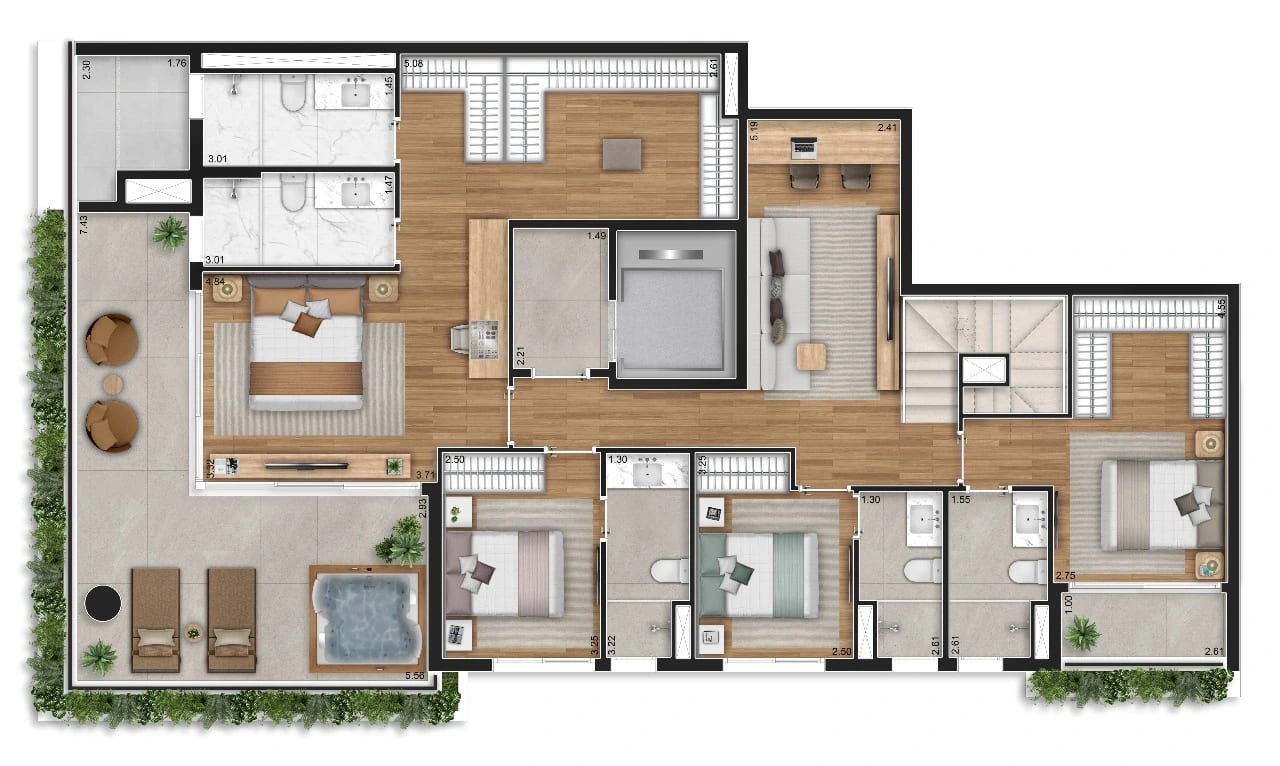 Planta 4 suítes · Duplex (Pav. Inferior) — 305 m²