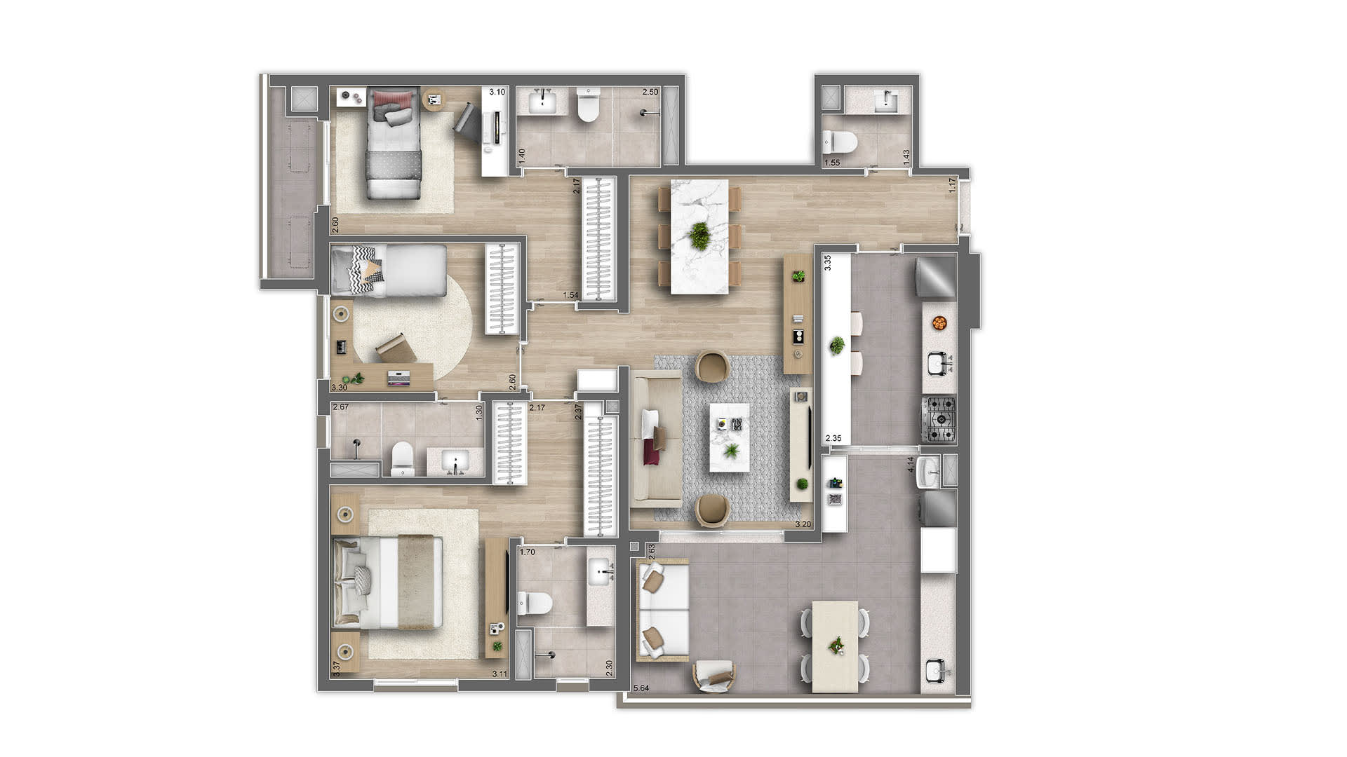 Planta 3 suítes + Lavabo — 120 m²