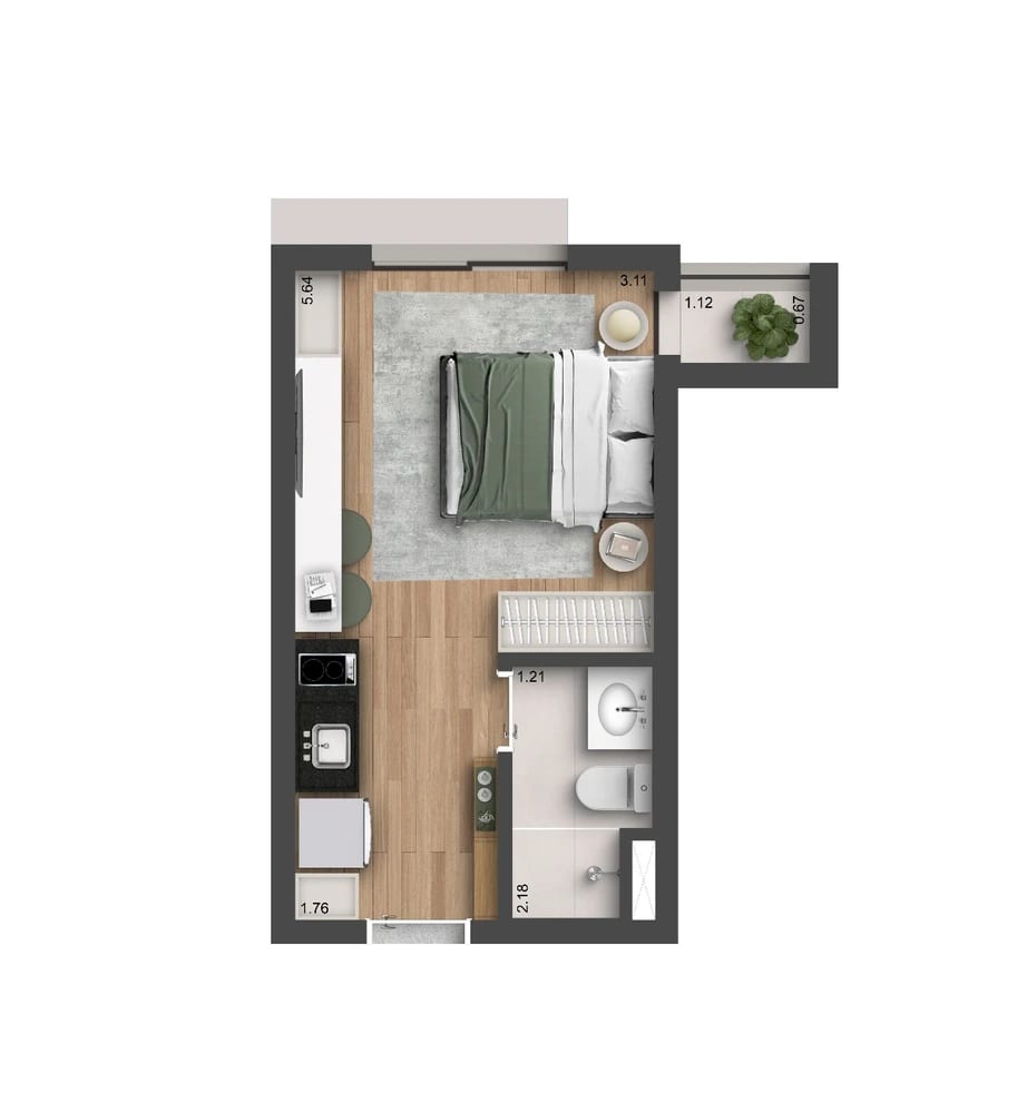 Planta Studio — 23 m²